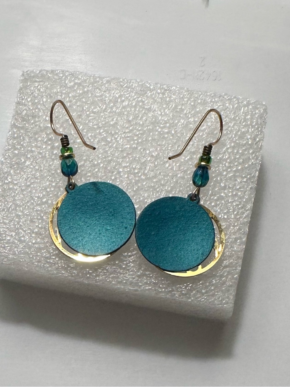 Teal and Gold Filigree Round Drop Earrings - Picture 3 of 3